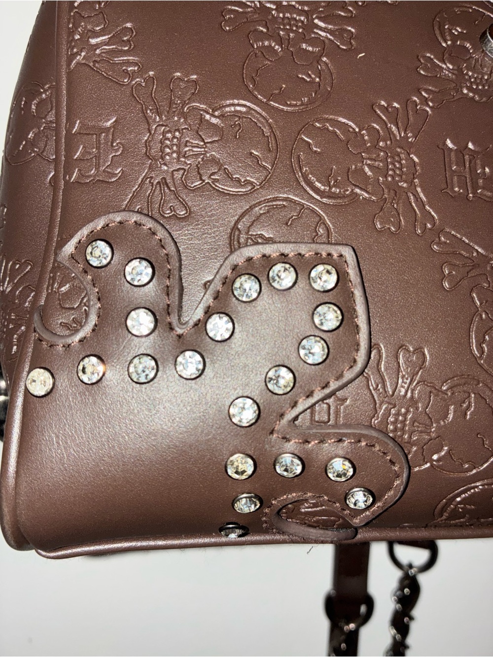 Studded Embossed Brown Women’s Satchel + keychain with pink detail - Picture 3 of 9